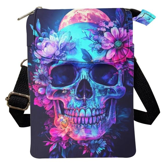 Flower Skull Crossbody Bag Mini Cell Phone Purse With Adjustable :| - Picture 1 of 6